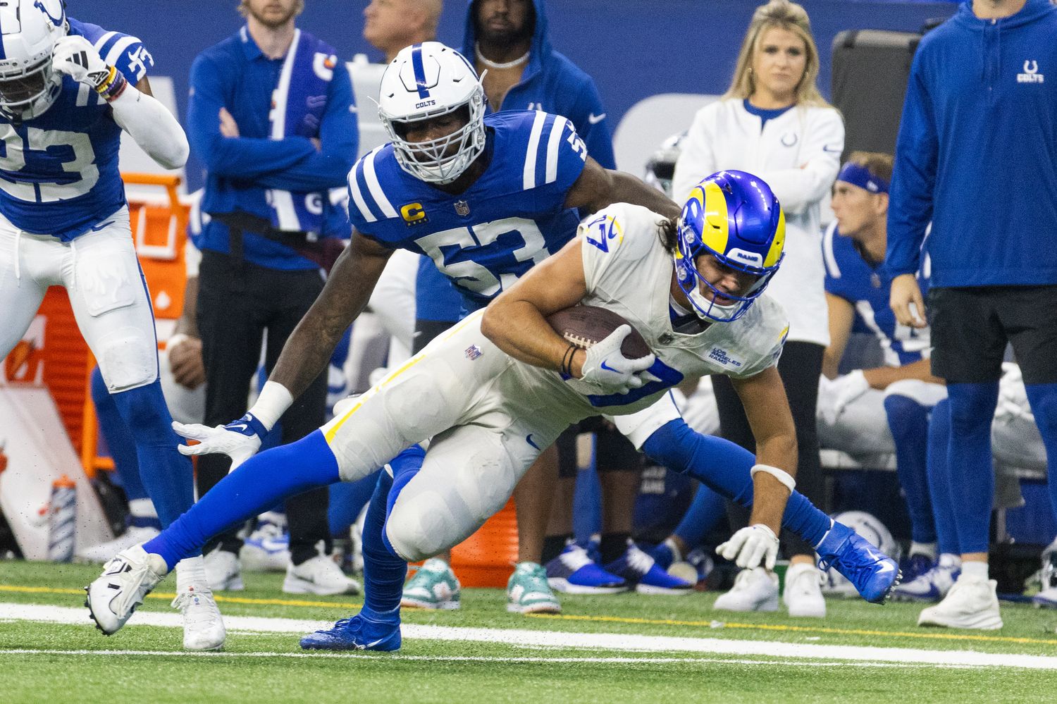 Los Angeles Rams receiver Puka Nacua with one of his nine receptions against the Indianapolis Colts.
